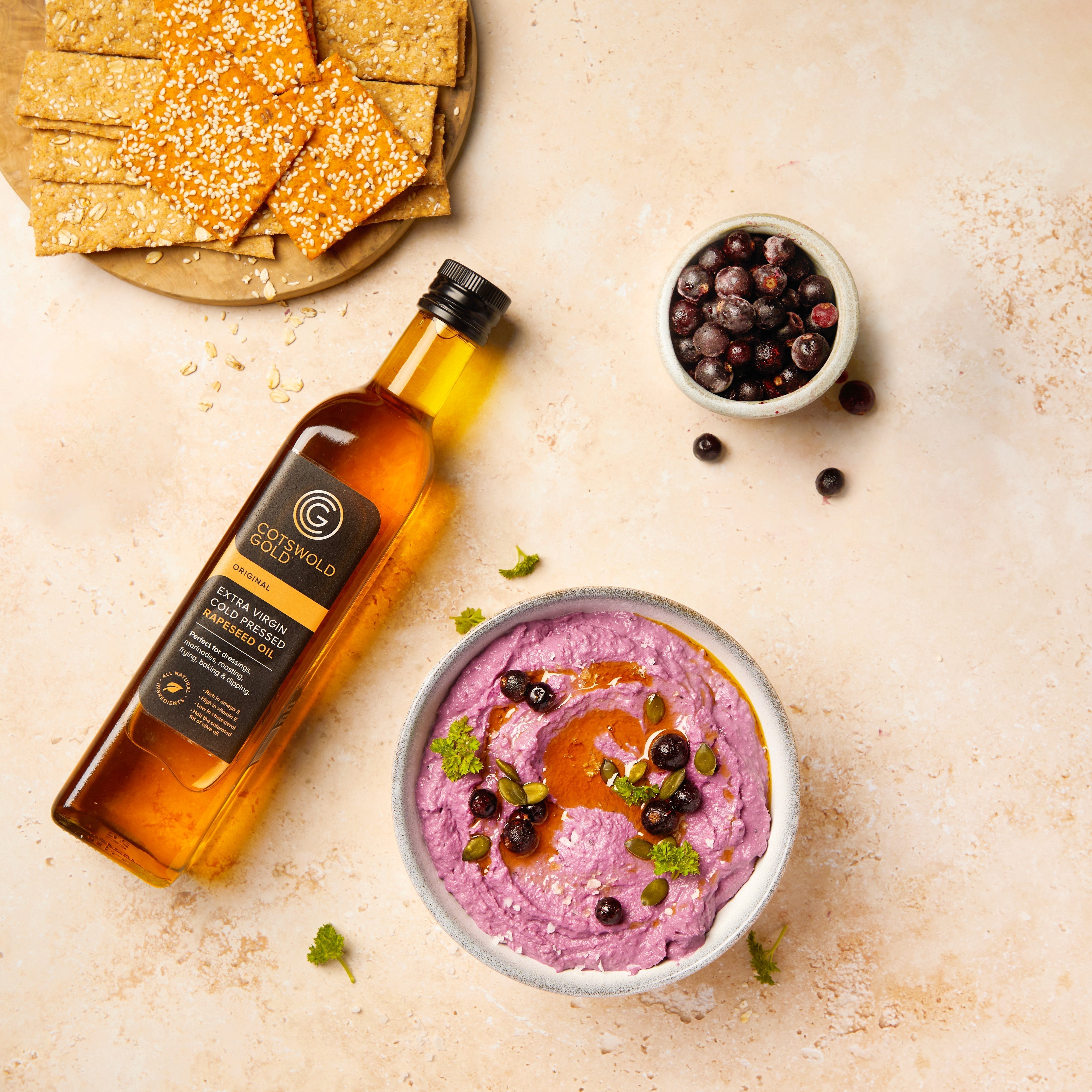 Blackcurrant hummus recipe using Cotswold Gold oil