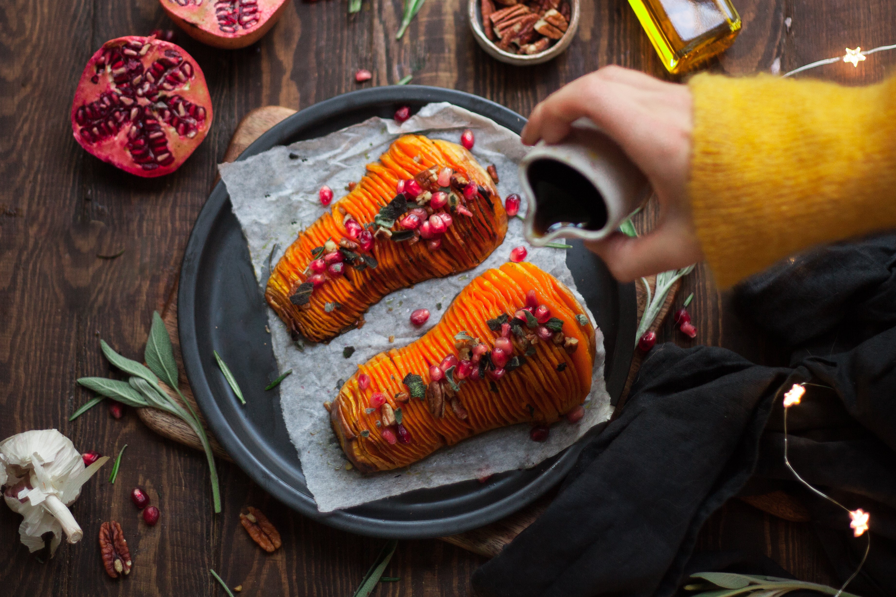 Roasted Hasselback Squash with Sage & Pecans